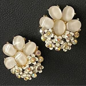 Pair Midcentury BSK Clip on Earrings, White Moonglow & Rhinestone Enamel Flowers